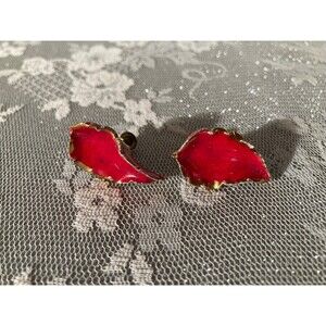 Vintage 50s Red Enamel Screw Back Earrings Abstract Gold Tone Mid Century